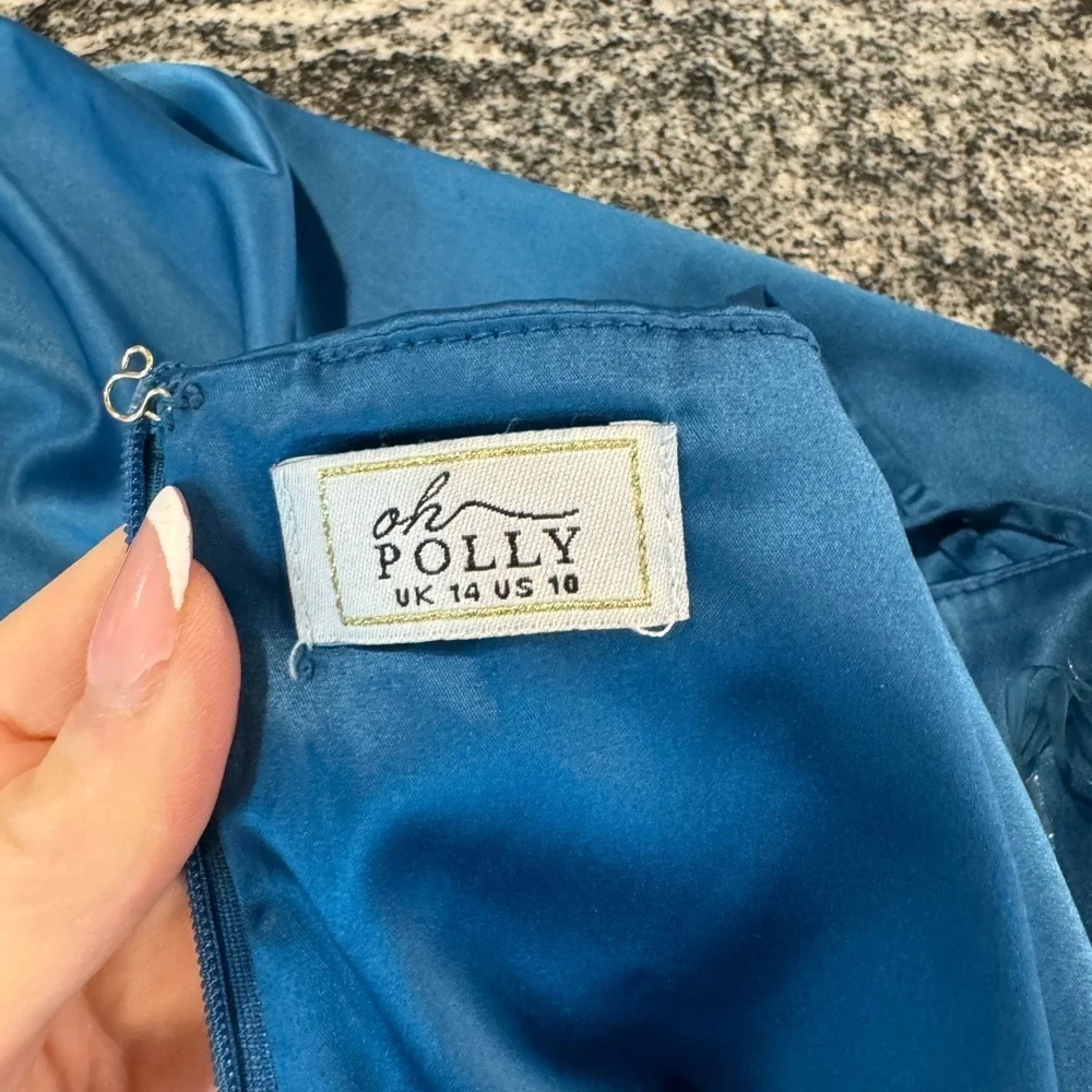 OH POLLY size 10 mini spaghetti strap cerulean blue mini satin dress - Picture 9 of 16